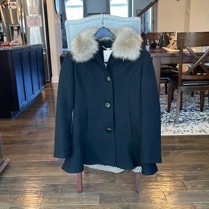 EUC- Kate Spade ruffle hem faux fur black pea coat